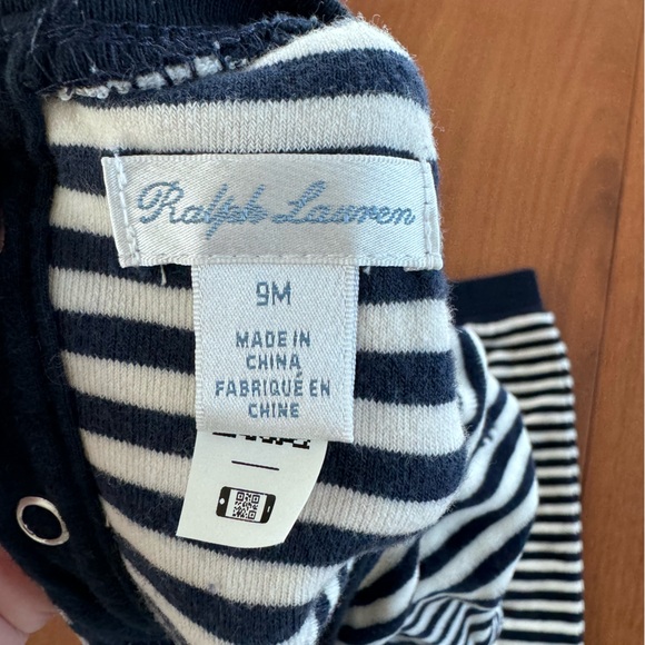 Ralph Lauren Navy and White Striped Velour Baby Jumpsuit - Picture 2 of 4